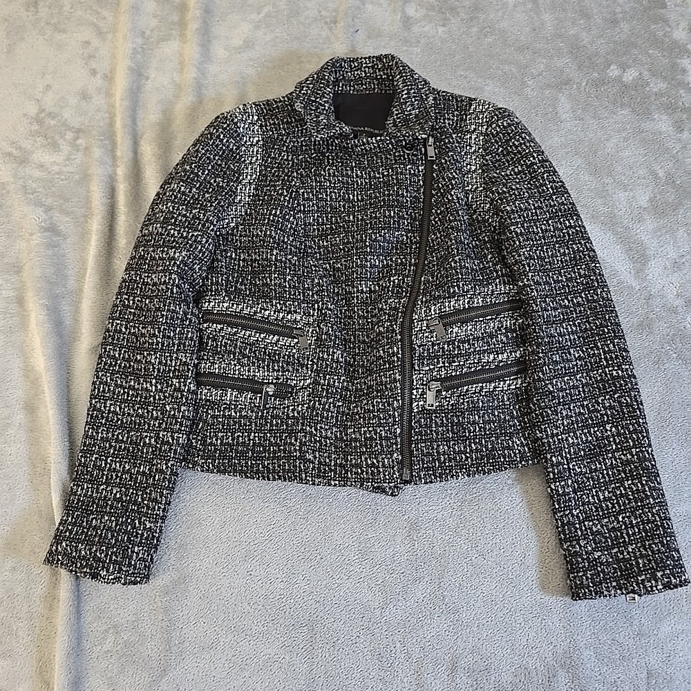 Banana Republic Moto Jacket Womens 2 Gray Tweed Asymmetrical Flecked Zip Casual